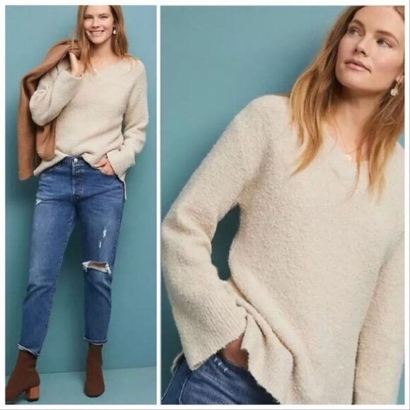 Anthropologie XS Cream CLAYTON Soft Fuzzy Wool V Neck Sweater Winter Layers Y2K - Picture 1 of 8